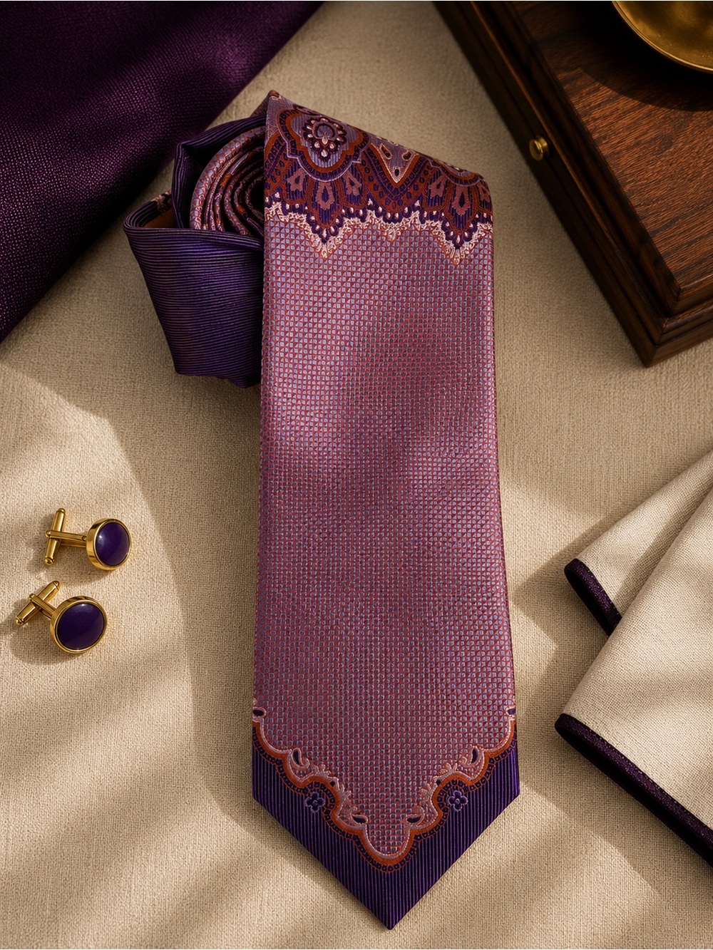 Steven Land 100% Silk Tie – Purple & Orange Ornate Pattern - GUC